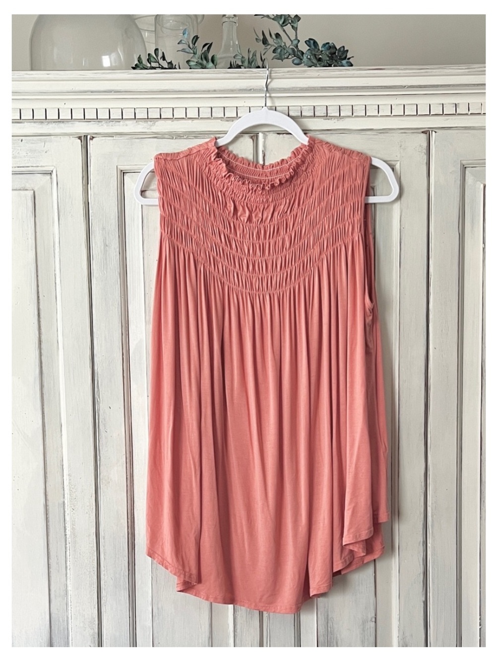 ALLIE ROSE Sleeveless Mock Neck Smocked Swing Top in Coral LARGE